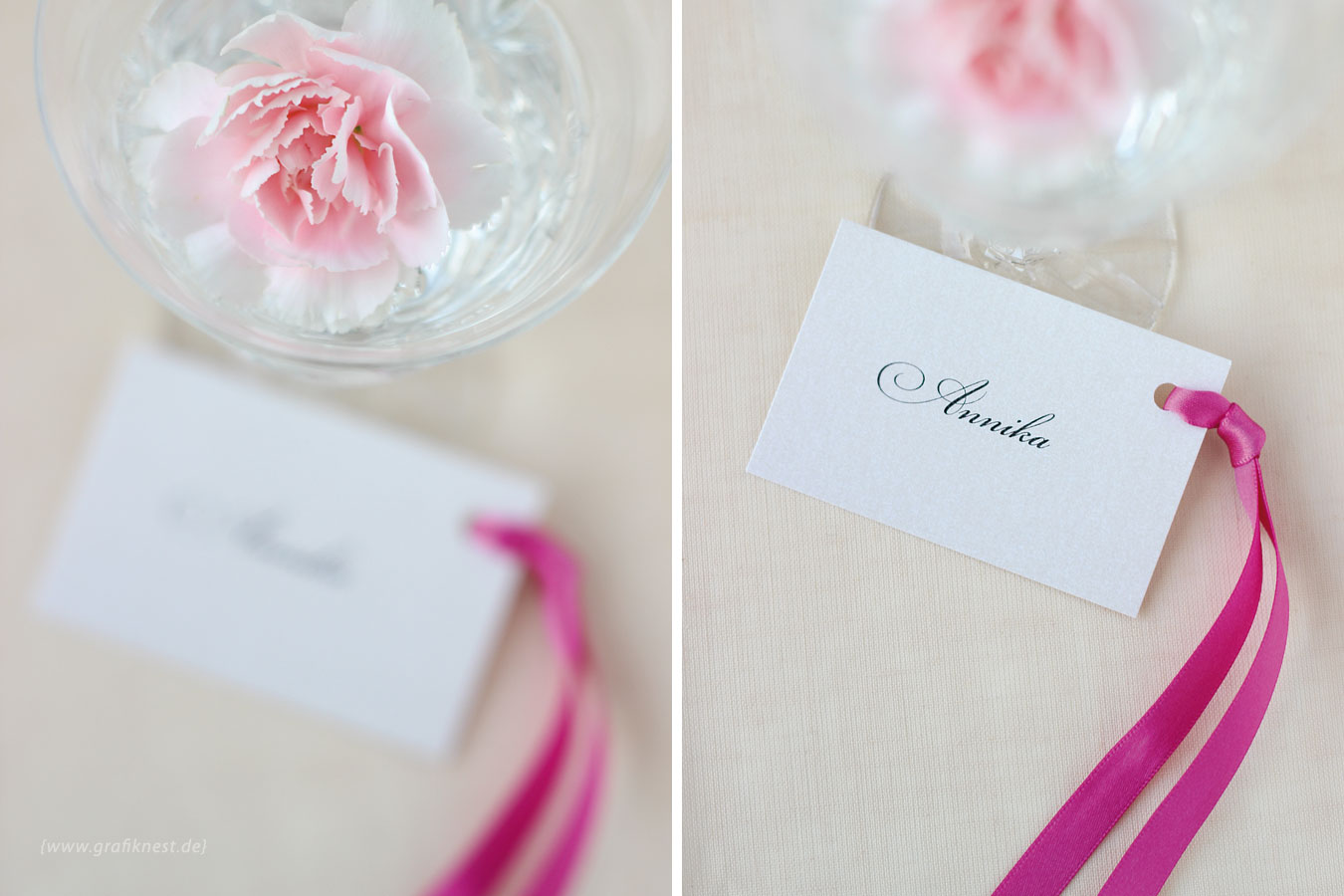 Elegante Tischkarte mit pinkem Band für Jacqueline & Max